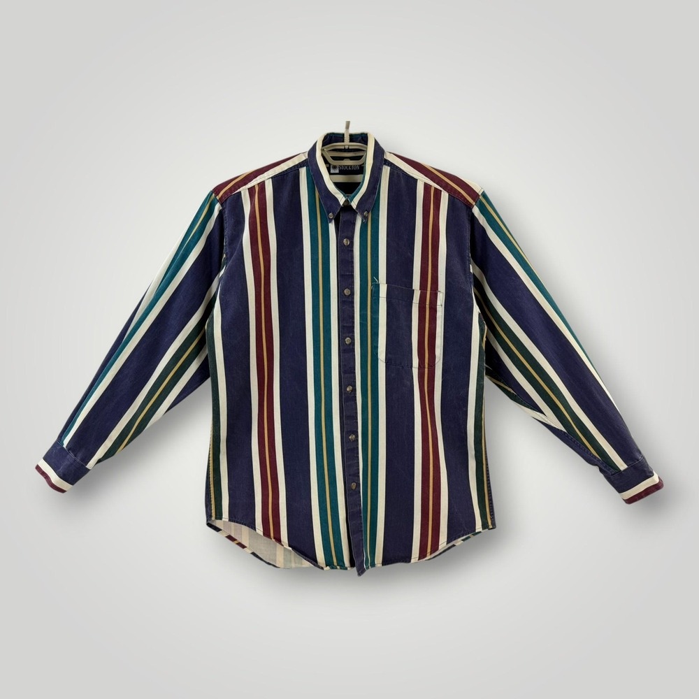 Stockton Mens S Blue Green Burgundy Stripe Button Down Cotton Shirt